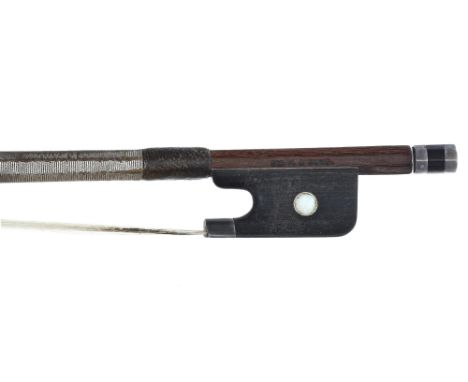 English silver mounted violin bow by George Withers and stamped Geo. W. &amp; Sons, the stick round, the ebony frog inlaid wi