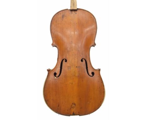 19th century violoncello,&nbsp;partially restored and with new replacement rib to the upper bass&nbsp;side bout, 29 1/2", 74.