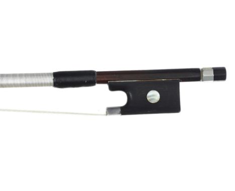 Interesting violin bow, unstamped, the stick round, the ebony frog with silver ferrule and inlaid with pearl eyes, the ebony 