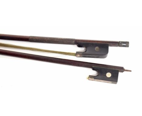 Interesting old silver mounted violin bow in need of some restoration, 61gm; also another old silver mounted bow, 62gm (witho