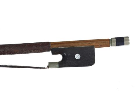 Nickel mounted double bass bow by and stamped J.E. Vickers, the stick round, the ebony frog inlaid with pearl eyes and the eb