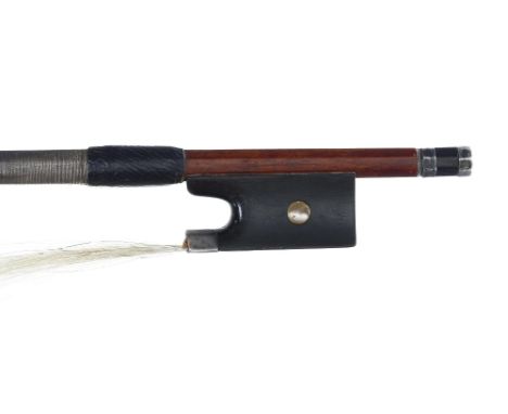 Silver mounted violin bow stamped S. Rosenberg on both sides of the handle, the stick round, the ebony frog inlaid with pearl