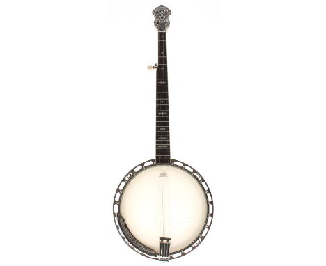 Gretsch Broadkaster Supreme five string open back banjo, with 11" skin, mother of pearl foliate inlay to the fretboard and in