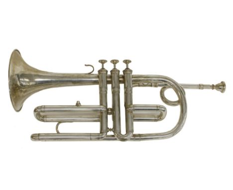 Silver plated cornet with three Stoelzel valves, signed Augte Courtois, Brevete, S.G.D.G, Paris, made circa 1840, bell diamet