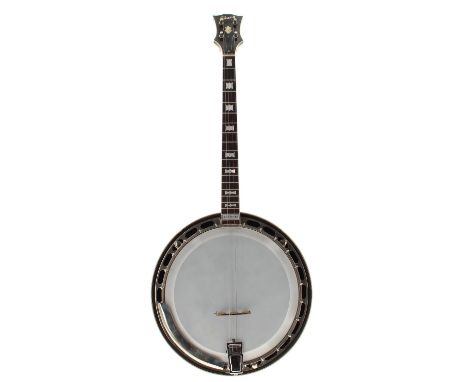 Gibson Mastertone Bowtie tenor banjo, with sunburst banded resonator, mother of pearl bowtie inlay to the fretboard and stamp