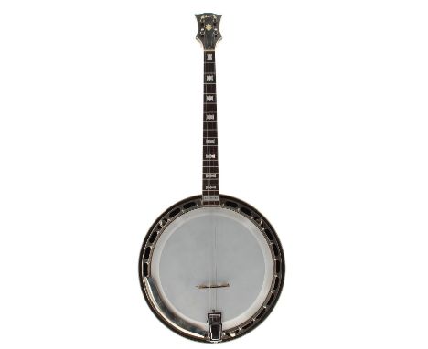 Gibson Mastertone Bowtie tenor banjo, with sunburst banded resonator, mother of pearl bowtie inlay to the fretboard and stamp