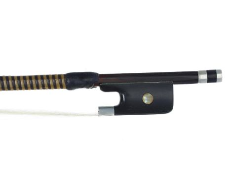 Nickel mounted violin bow stamped Imperial, the stick round, the ebony frog inlaid with pearl eyes and the ebony adjuster wit