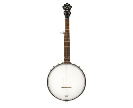 Modern Saga five string open back banjo, with 11" skin and mother of pearl dot markers to the fretboard, within a plush lined