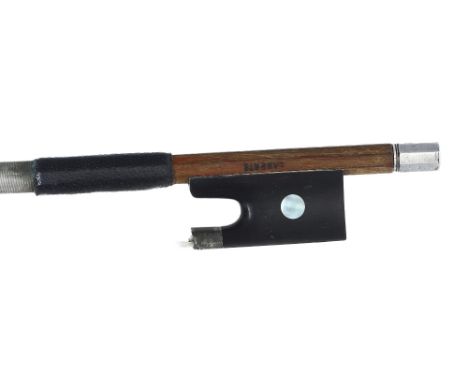 French silver mounted violin bow by and stamped Laberte, the stick round, the ebony frog inlaid with pearl eyes and with a si