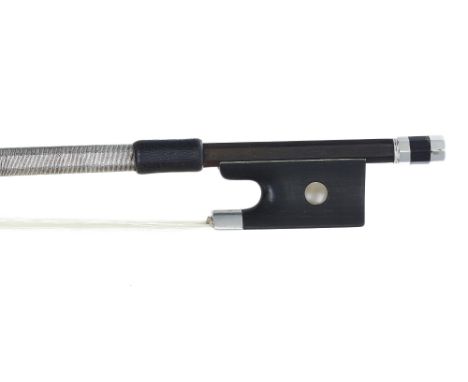 Silver mounted violin bow, probably French, unstamped, the stick round, the ebony frog inlaid with pearl eyes and the ebony a