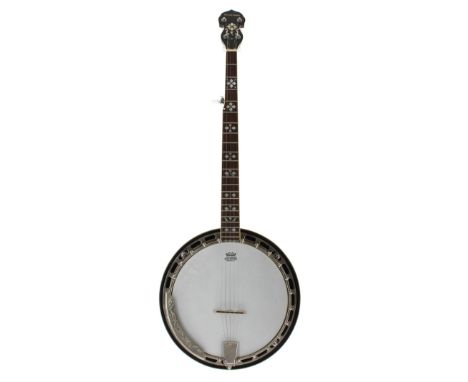 Barnes &amp; Mullins five string banjo, with mahogany banded resonator, 11" skin and geometric mother of pearl inlay to the f