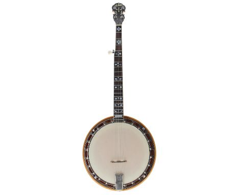 Gibson five string banjo, the maple resonator inlaid with two chequered bands, with 11" skin and foliate mother of pearl inla