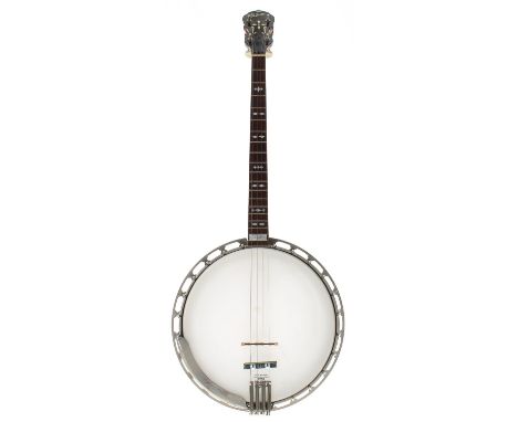 Gibson Mastertone TB3 banjo, with tenor neck and Ozark body, with geometric mother of pearl inlay to the fretboard and stampe