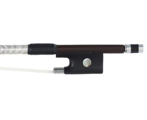 French silver mounted violin bow of the Vuillaume&nbsp;Paris School stamped Stentor, the stick round, the ebony frog inlaid w