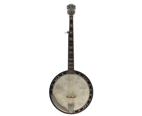 Ibanez five string banjo, with banded ebonised resonator, geometric mother of pearl foliate inlaid fretboard and bearing the 