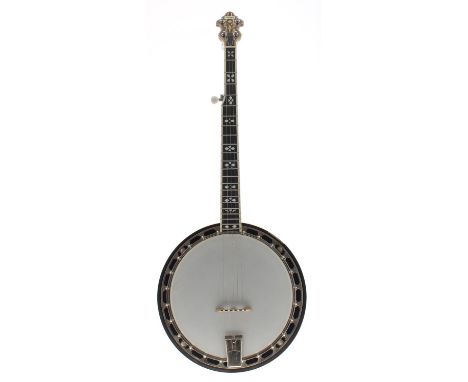Flinthill five string banjo, with 11" skin, mother of pearl floral inlay to the fretboard and bearing the maker's name to the