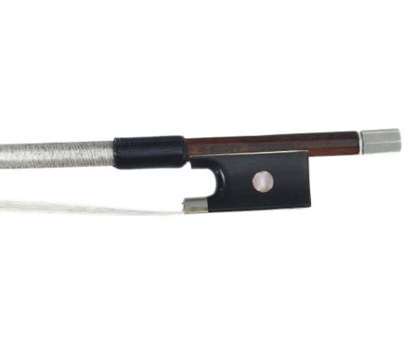 German nickel mounted violin bow stamped and probably by W. Knopf Dresden, the stick octagonal, the ebony frog inlaid with pe