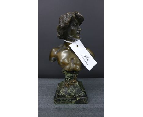 19th century French bronze bust of a bare chested male, inscribed M. Debut, the green and black hardstone base applied with b