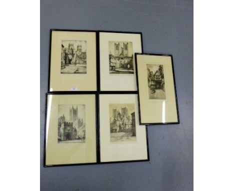 Oswald Fletcher Four framed prints, to include Ripon Cathedral and Canterbury etc, together with another print by F. Robson (