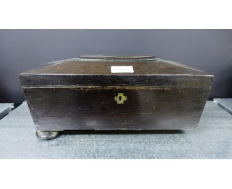 19th century sarcophagus shaped tea caddy with lion mask handles to side and raised on bun feet (one foot lacking) 