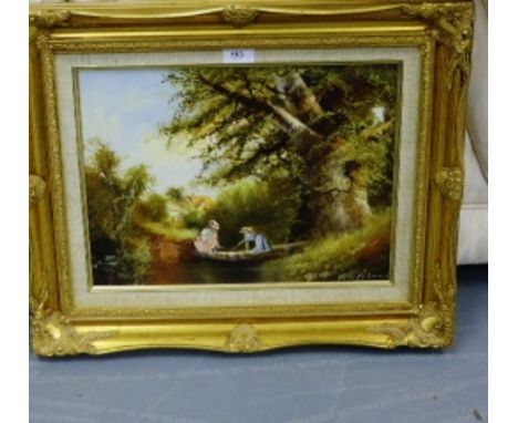 Paul. J. Attfield,  Contemporary oil on canvas,  Two young girls playing on the River,  Signed,  in ornate gilt frame,  40 x 