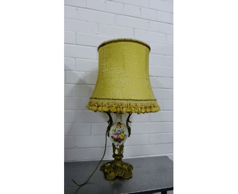 Gilt metal and floral painted porcelain table lamp base, complete with shade, 58cm high overall 