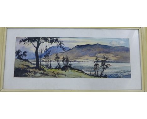 R. L. Howes Mountain and Loch Landscape,  Watercolour,  Signed bottom left,  in glazed giltwood frame,  45 x 15cm 