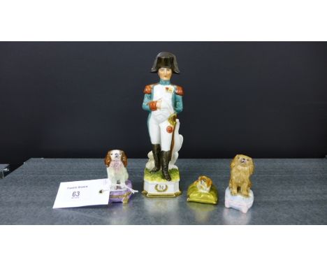 Royal Worcester model of a spaniel on a gilt cushion together with Crown Staffordshire spaniel figures and a Continental porc