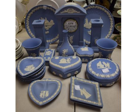 Wedgwood Jasperware - clock garniture, comprising a mantel clock and a pair of candlesticks; boxes and covers (2); vases (3);