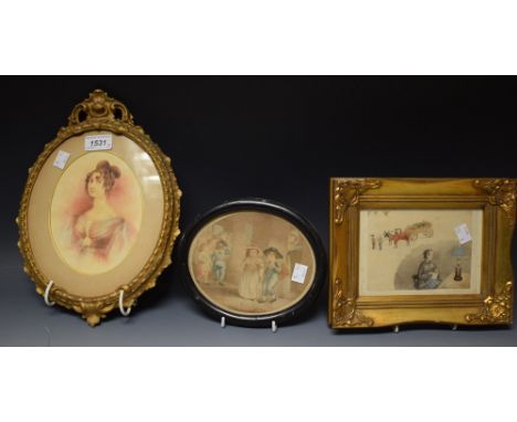 Attributed to Richard RothwellA Portrait of Mrs E E Heatfieldwatercolour, period gilt oval frame; another, memories of travel