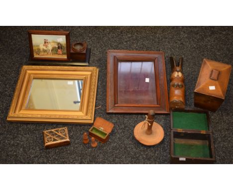 A mahogany sarcophagus tea caddy; a gilt framed mirror; a a silver mounted oak trinket box with green silk lining, Birmingham