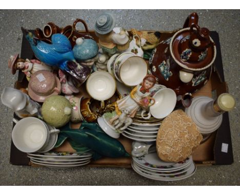A reproduction barge ware teapot, miniature and cream jug; a Sylvac wall pocket; two Staffordshire part tea sets; Chinese exp
