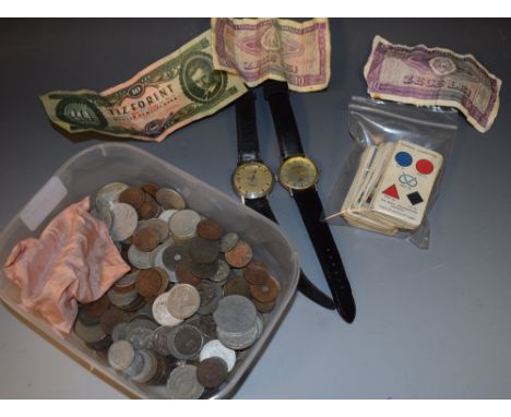 A Rotary gentleman's wrist watch; another similar; a quantity of foreign coins and bank notes; cigarette cards