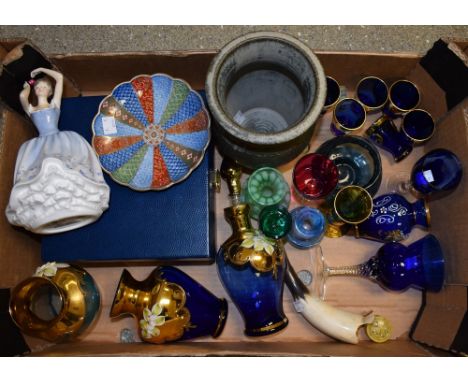A Royal Doulton figure, Sheila; a studio pottery vase; a Murano glass liqueur decanter set; a pair of Murano glass goblets, b