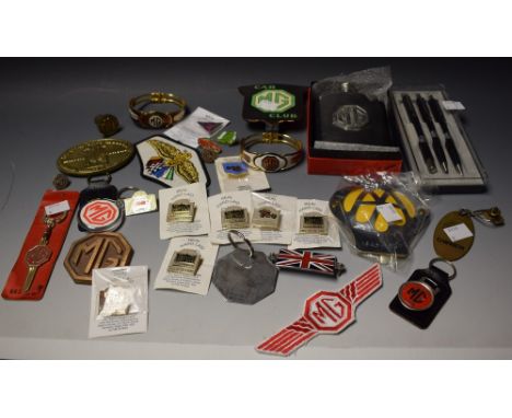 Automobilia Interest - an MG car club pewter hip flask; cuff bracelets, enamel pin badge; key rings; AA badge; etc quantity 