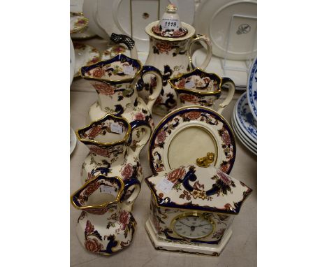 A set of four Mason's Mandalay pattern graduated water jugs; a similar coffee pot, mantel clock and oval photograph frame (7)