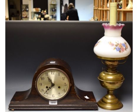 A chiming Napoleon hat mantel clock; a parafin lamp, floral shade (2)