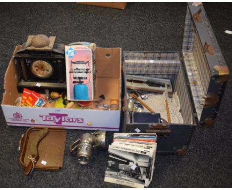 Boxes and Objects - A Powell & Hammer Chieftain carbide bicycle/motorcycle lamp; a Cornish serpentine vase; vinyl singles inc