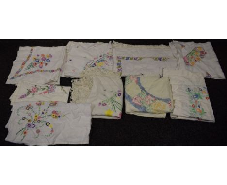 Textiles - hand embroidered linen tablecloths, English country garden flowers