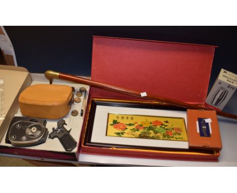 A 20th century novelty walking-stick, brass duck grip; an Agitatore retro cocktail shaker, boxed, c.1960; a Quarz 8mm Cine Ca