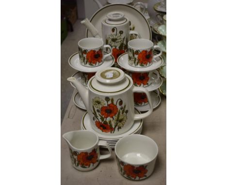 A retro J & G Meakin Poppy pattern tea set, including cups and saucers, side plates, etc., quantity