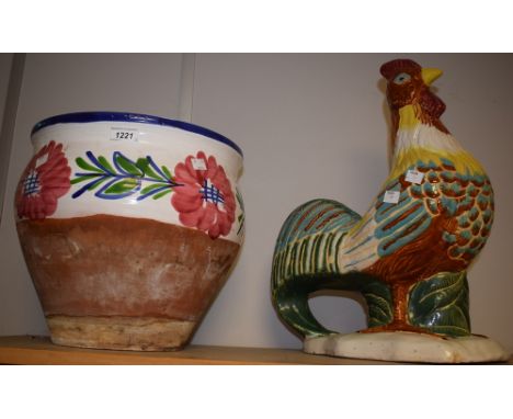 A large hand painted ceramic Cockerel; a large hand painted terracotta planter (2)