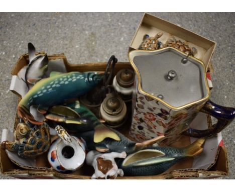 Ceramics - four West German fish wall pockets naturalistic glazing; three Wade tortoises; ceramic animals etc