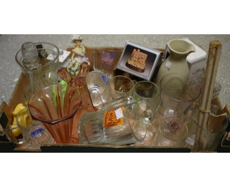 Glass and household ware - glass salts; Derby CAMRA beer festival tankards; celery jar; decanter; pressed glass jugs; figure 