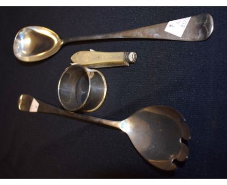 A set of silver salad servers, hallmarked Chester; a silver fruit knife with mother of pearl handle, hallmarked Birmingham, 1