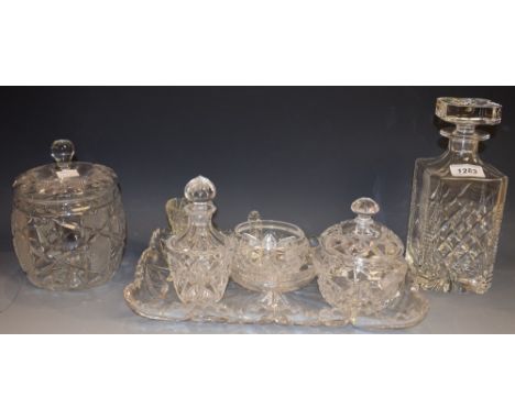 Glassware - a cut glass rectangular dressing table tray; a cut glass square decanter; a Webb cut glass lidded pot; pin tray e