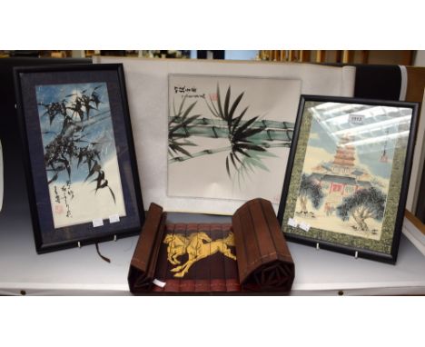 A Chinese pen and ink sketch, of a pagoda within a garden landscape, signed, framed; a pen and ink sketch of bamboo and snowf