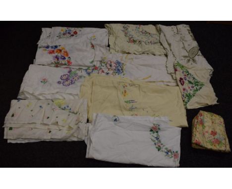 Textiles - hand embroidered linen tablecloths, English country garden flowers