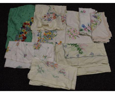 Textiles - hand embroidered linen tablecloths, English country garden flowers