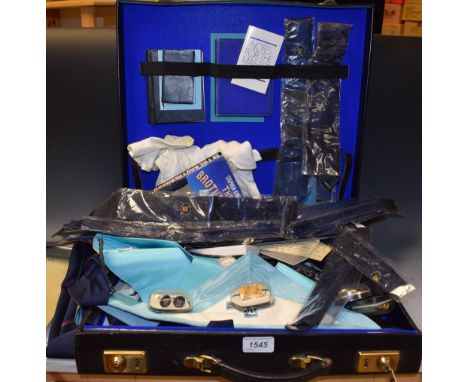 Masonic Regalia - Sash, apron and medals including Rockley Abbey Lodge, cased; others, ephemera, ties, cufflinks, etc